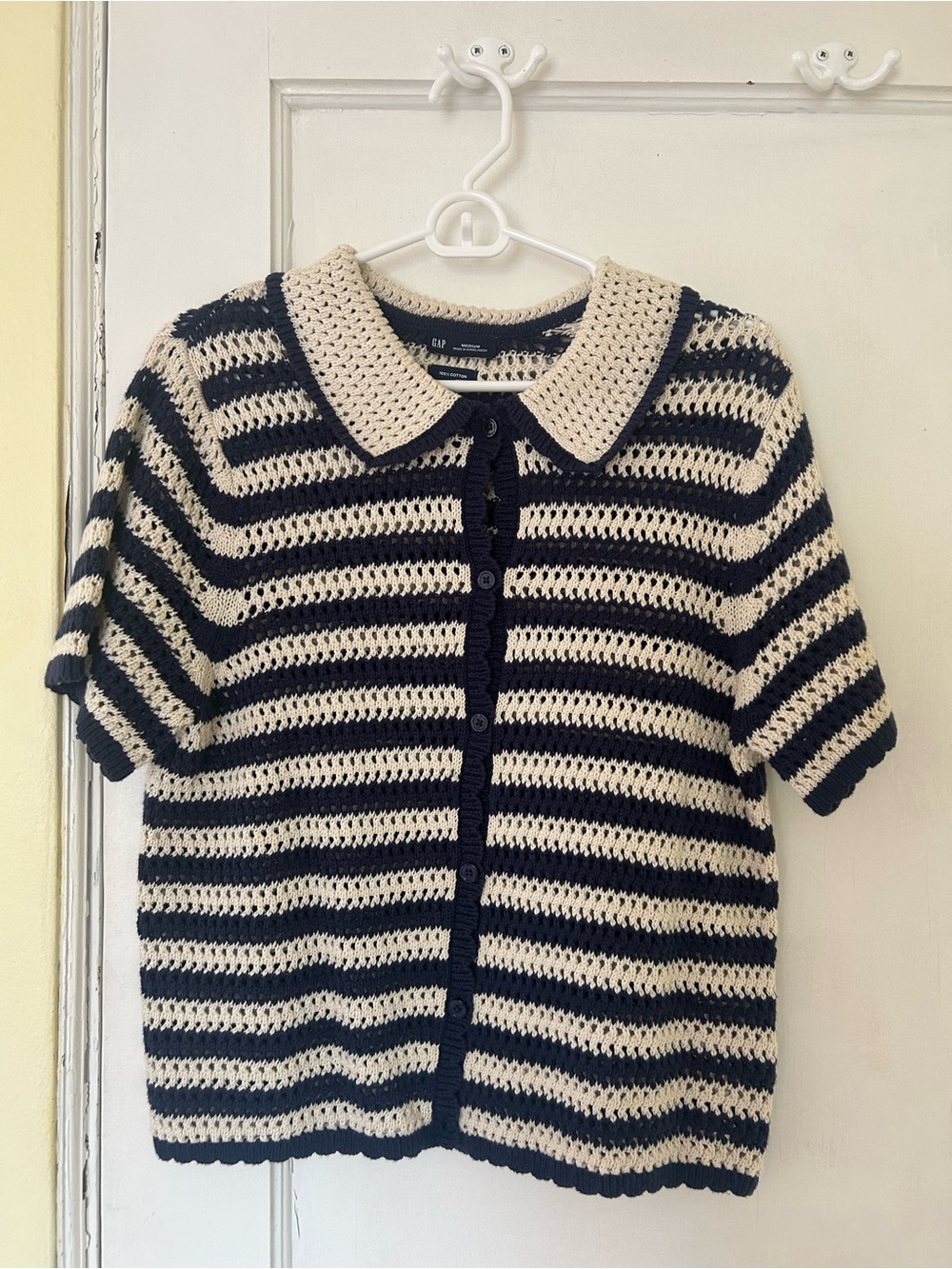 GAP Striped Crochet Polo Cardigan - navy & Cream